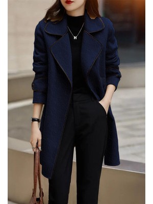 Kaşe Kadın Şık Yaka Kaban Kemer Detaylı