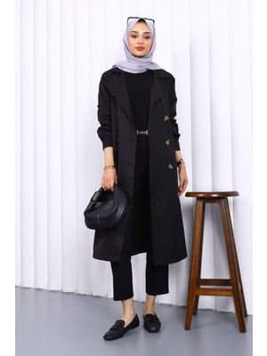 Siyah Kruvaze Yaka Düğmeli Trençkot