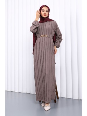 Gri Beli Kemerli Fırfır Detaylı Gofre Elbise