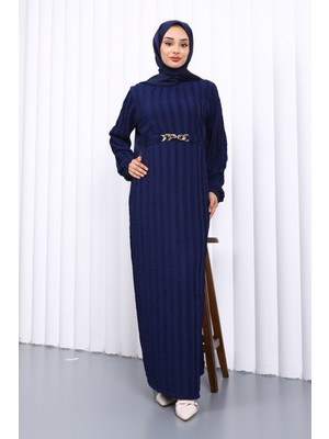 Lacivert Beli Kemerli Fırfır Detaylı Gofre Elbise