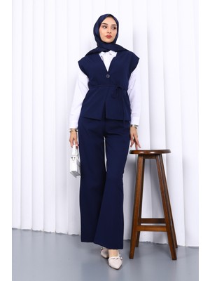 İmaj Butik Kadınlar İçin Lacivert Yelek Pantolon Ikili Takım Sezonsuz Dokuma Kumaş ve Şık Tasarım