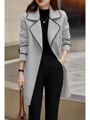 1Tarz Kadın Kaşe Kaban ve Kemer Ekru Renkli Uzun Kol %100 Polyester Günlük Stil ile Şıklık