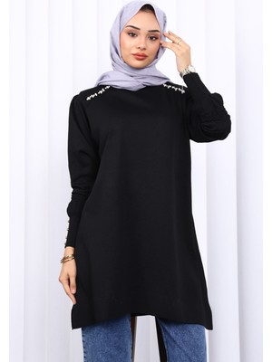 Siyah Omuz Taşlı Soguk İplik Triko Tunik