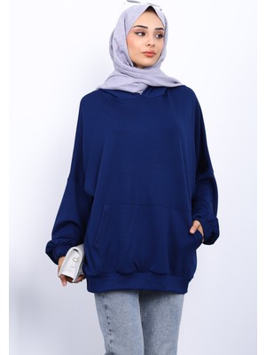 Lacivert Kanguru Cepli Modal Sweatshirt