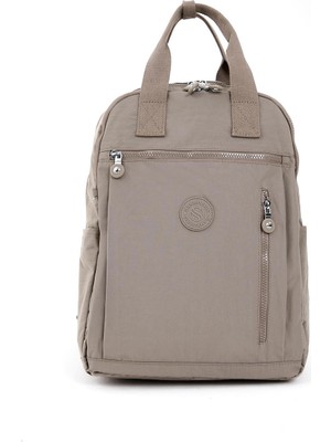 Kadın Suya Dayanıklı Krinkıl Kumaş Çok Gözlü Laptop Okul ve Sırt Çantası Vizon