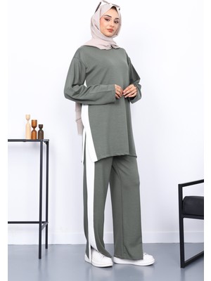Haki Renk Bloklu Modal Tunik Pantolonlu Takım