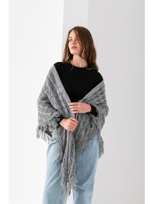 T-Crazy Ajur Desenli Üçgen Omuz Şalı, Püsküllü Şık ve Pratik Triko Örme Aksesuar, Üçgen Dökümlü Triko Şal