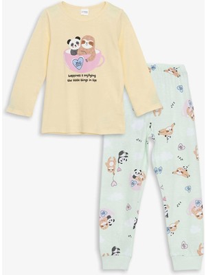 Lcw Kids Sari Bisiklet Yaka Baskılı Kız Çocuk Pijama Takımı