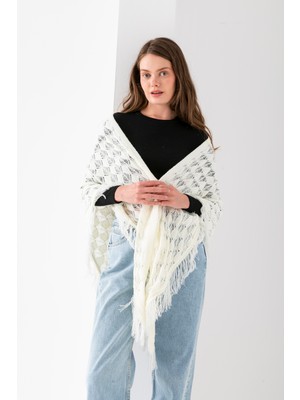 T-Crazy Ajur Desenli Üçgen Omuz Şalı, Püsküllü Şık ve Pratik Triko Örme Aksesuar, Üçgen Dökümlü Triko Şal