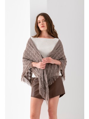 T-Crazy Ajur Desenli Üçgen Omuz Şalı, Püsküllü Şık ve Pratik Triko Örme Aksesuar, Üçgen Dökümlü Triko Şal