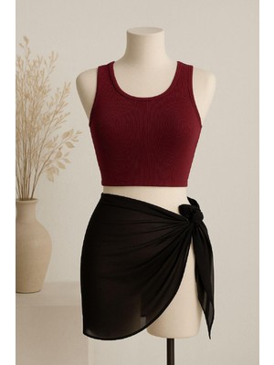 Kadın Bordo Yuvarlak Yaka Crop ve Siyah Pareo 2'li Set
