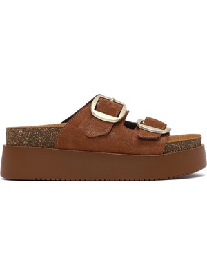 Kadın Taba Çift Tokalı Kalın Tabanlı Süet Deri Terlik 25SFD132810