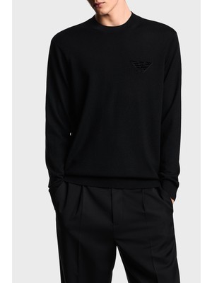 Emporio Armani Logolu % 100 Yün Regular Fit Bisiklet Yaka Kazak Erkek Kazak EM002419 AF14158 UC001