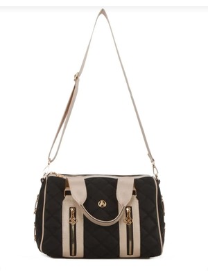 Kapitone Siyah Krem Büyük Boy El Çantası