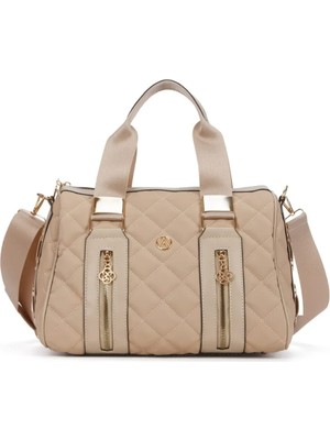 Kapitone Krem Büyük Boy El Çantası