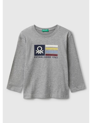 Erkek Çocuk Organik Pamuklu Önü Logo Baskılı Uzun Kollu Jarse T-Shirt