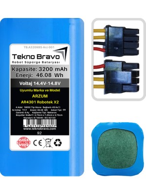 Tekno Bravo (Arzum AR4301 Robotek X2 Uyumlu) 3200MAH 46,08WH Robot Süpürge Yedek Bataryası