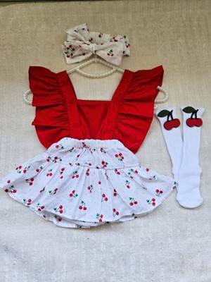 Kız Bebek Kiraz Desen Fırfırlı Kırmız Slopet Bandana Kiraz Keçeli Beyaz Çorap 3'lü Set