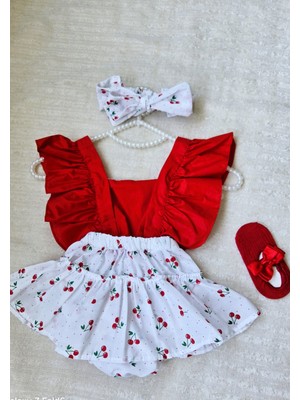 Kız Bebek Kiraz Desen Fırfırlı Kırmız Slopet Bandana Kırmızı  Babet 3'lü Set