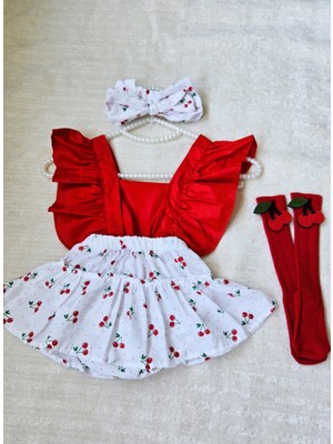 Kız Çocuk Kiraz Desen Fırfırlı Kırmız Slopet Bandana Kırmızı Keçeli Çorap