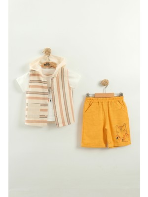 Erkek Bebek Çizgili Tişört, Şort ve Yelek 3’lü Takım (9-12-18-24 Ay)