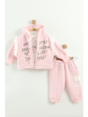 Kız Bebek Baskılı Pamuk Sweatshirt, Pantolon ve Ceket 3'lü Takım (9-12-18 Ay)