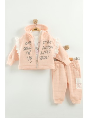Kız Bebek Baskılı Pamuk Sweatshirt, Pantolon ve Ceket 3'lü Takım (9-12-18 Ay)