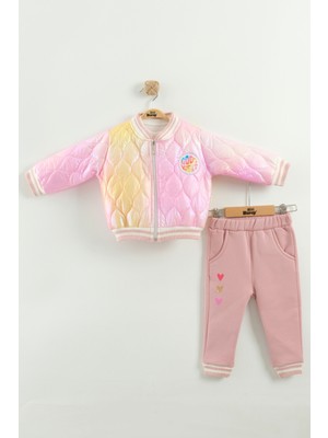 Kız Bebek Baskılı 3'lü Eşofman Takımı (Sweatshirt, Pantolon, Ceket) (9-12-18 Ay)