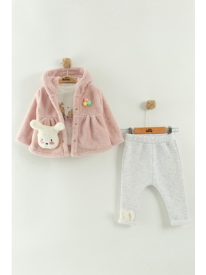 Kız Bebek Kapüşonlu, Pantolon ve Peluş Mont 3’lü Takım (6-9-12 Ay)
