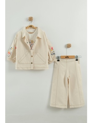 Kız Çocuk Çiçek Nakışlı Ceket ve Pantolon 3'lü Takım (2-3-4-5 Yaş)