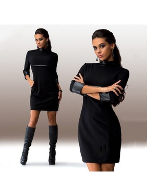 Sezonluk Deri Detaylı Dirsek Kol Kadın Elbise