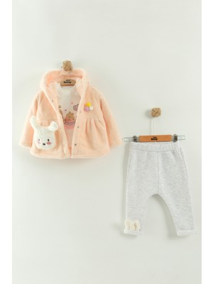 Kız Bebek Kapüşonlu, Pantolon ve Peluş Mont 3’lü Takım (6-9-12 Ay)