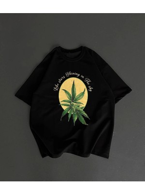 Ön ve Arka Baskılı Oversize Bisiklet Yaka T-Shirt- Siyah