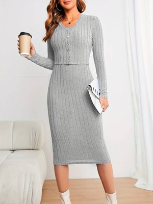 Kadın Uzun Kollu Şardonlu Kaşkorseönü Düğmeli Mini Boy Elbise Ikili Takım