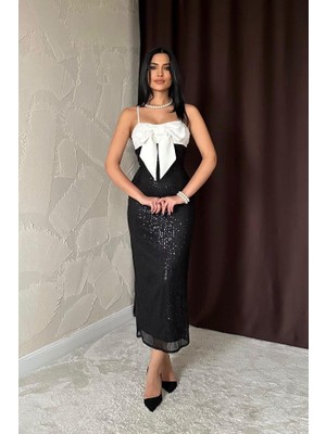 Siyah Önü Fiyonklu Garnili Elbise