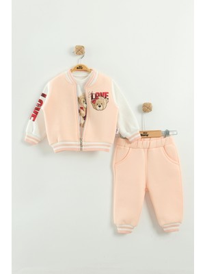 Kız Bebek Baskılı 3'lü Eşofman Takımı (Sweatshirt, Pantolon, Ceket ) (9-12-18 Ay)
