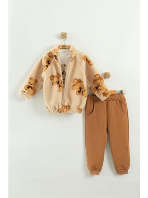 Kız Çocuk Ayı Desen Peluş 3'lü Peluş Eşofman Takım (2-3-4 Yaş)