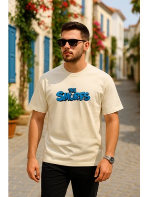 Ön ve Arka Baskılı Oversize Bisiklet Yaka T-Shirt- Beyaz