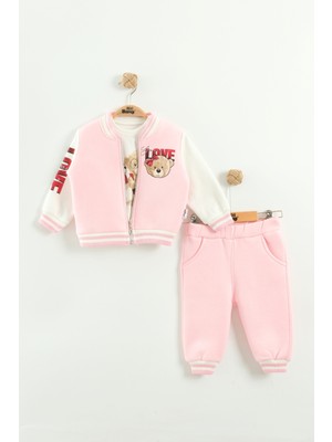 Kız Bebek Baskılı 3'lü Eşofman Takımı (Sweatshirt, Pantolon, Ceket ) (9-12-18 Ay)