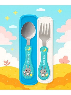 Çocuk Silikon Saplı Figürlü Metal Uçlu Kaşık ve Çatal - Mama Kaşığı Seti
