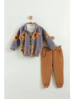 Kız Bebek Ayı Desen Peluş 3'lü Peluş Eşofman Takım (9-12-18 Ay)