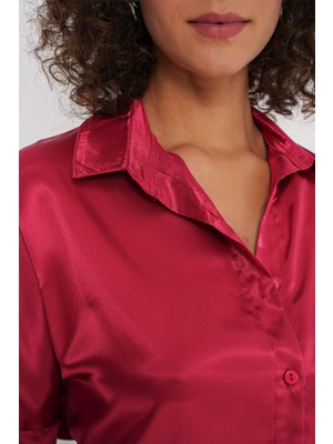 Hiccup Kadın BDART Düğmeli Oversize Saten Gömlek Bordo Kırmızı