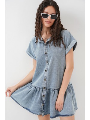 Hiccup Kadınlar BDART Gömlek Yaka ve Düğme Detaylı Kısa Kot Elbise Maya Mavisi