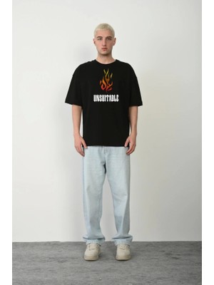 Unisex Bisiklet Yaka Baskılı Oversize T-Shirt - Siyah