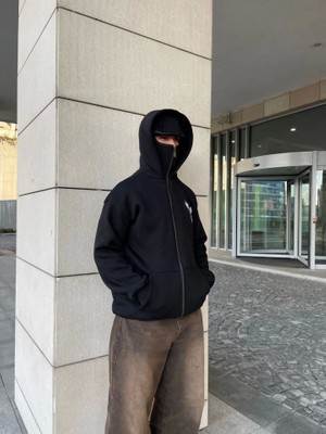 Samuray Kapşonlu Zıp Fermuarlı Kapşonlu Sweatshirt - Siyah
