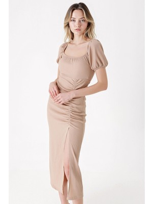 Hiccup Kadın BDART Kare Yaka Detaylı Dokulu Midi Triko Elbise Yulaf Ezmesi Doğal