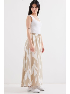 Hiccup Kadın BDART Lastik Bel Detaylı Desenli Maxi Etek Bej Doğal