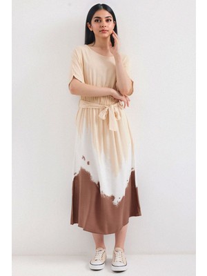 Hiccup Kadınlar BDART Kemerli Gradient Midi Elbise Krem Doğal