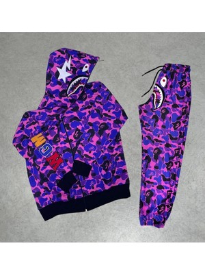 Unisex Pubg Bape x Shark Eşofman Takımı - Mor