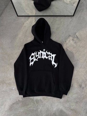 Kışlık Kapşonlu Baskılı Oversize Sweatshirt- Siyah